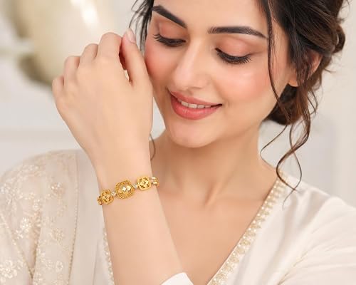 Gold Plated Floral Kada Bracelet for Women with Crystal Stone | Elegant Designer Wrist Bangle for Girls