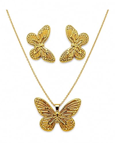 Butterfly Pendant Necklace with Matching Earrings for Women & Girls | Gold Plated Butterfly Jewelry Set