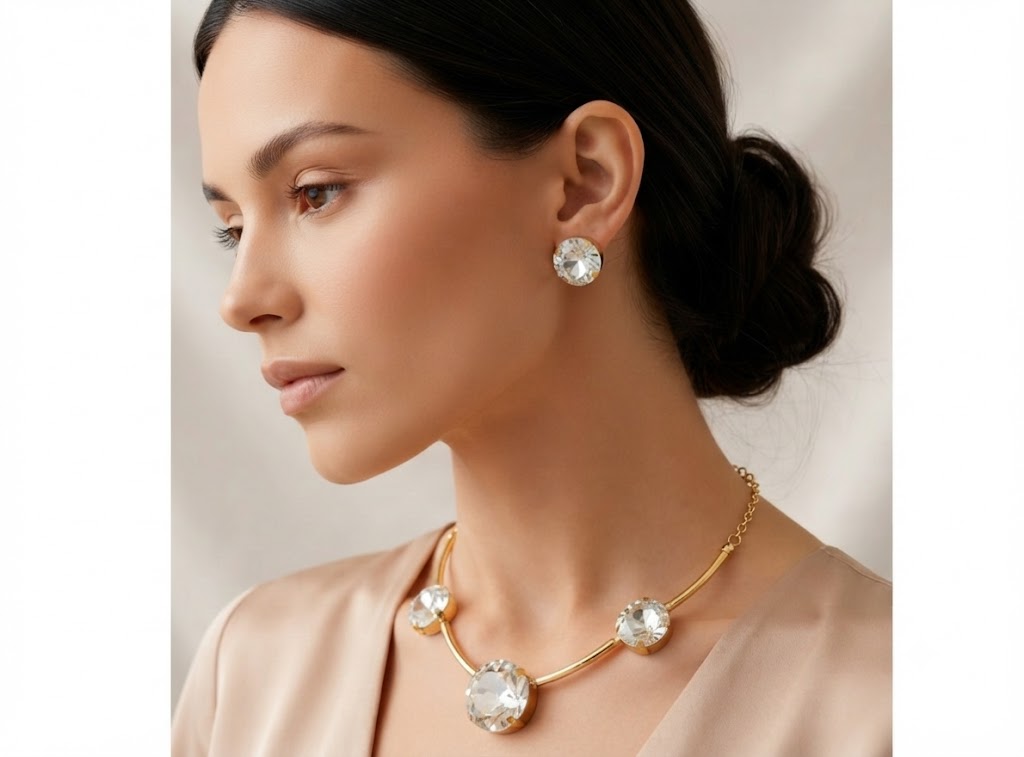 Fasssions Gold-Plated Crystal Necklace and Stud Earrings Set for Women | Round Cubic Zirconia Jewelry Set | Elegant Party, Wedding & Bridal Jewelry Gift