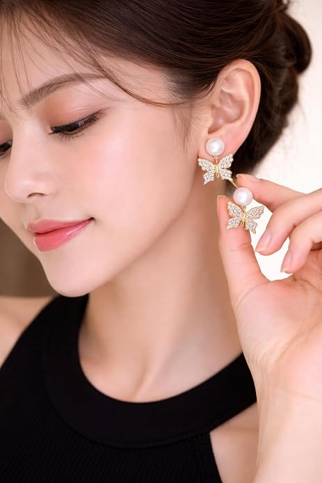 Stylish Butterfly Pearl Stud Earrings for Women | Gold Plated Crystal Butterfly Earrings with Pearl Tops | Korean Fashion Earrings