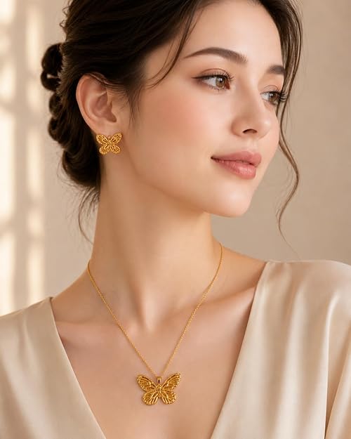 Butterfly Pendant Necklace with Matching Earrings for Women & Girls | Gold Plated Butterfly Jewelry Set