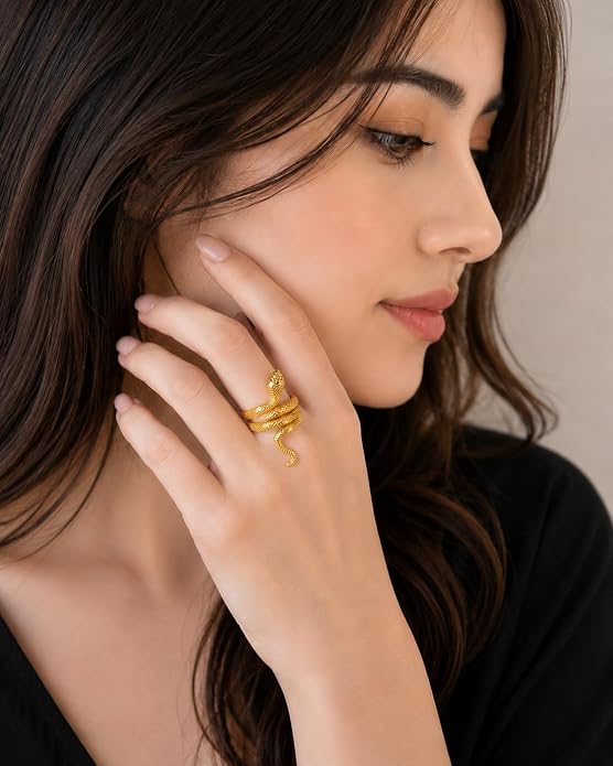 Gold Plated Snake Ring for Women & Girls | Adjustable Cobra Serpent Finger Ring | Stylish Fashion Statement Jewelry