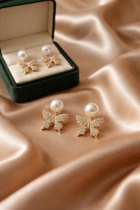 Stylish Butterfly Pearl Stud Earrings for Women | Gold Plated Crystal Butterfly Earrings with Pearl Tops | Korean Fashion Earrings