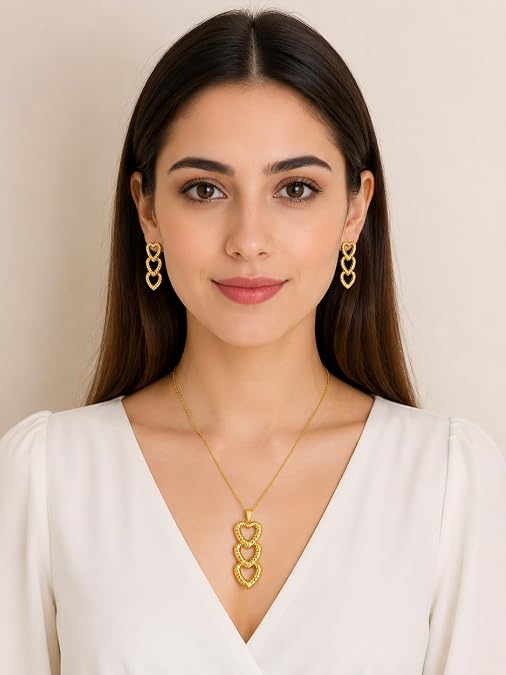 Heart Pendant Necklace Set for Women with Matching Earrings | Stainless Steel Chain Jewelry Set | chain Jewelry for Girls & Women