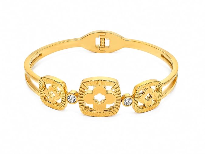 Gold Plated Floral Kada Bracelet for Women with Crystal Stone | Elegant Designer Wrist Bangle for Girls