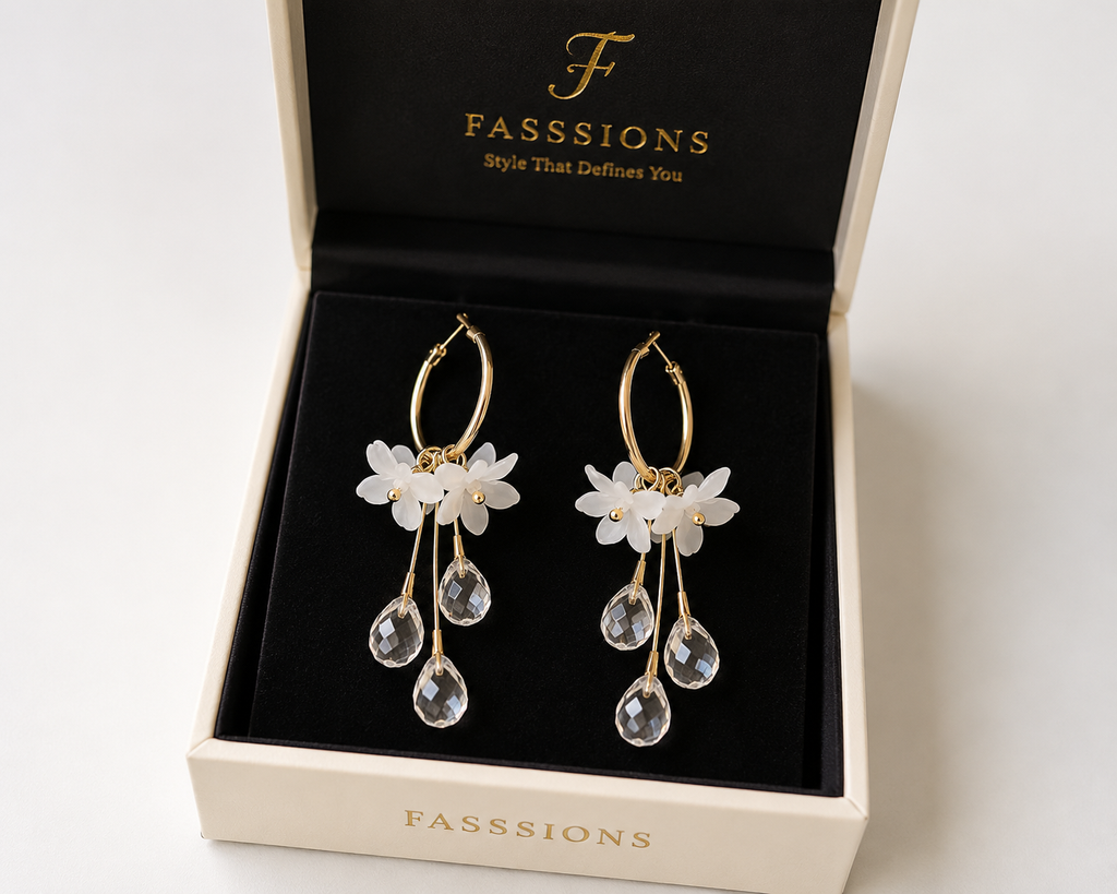 FASSSIONS Korean White Floral Crystal Drop Earrings for Women | Gold-Plated Hoop Dangle Earrings | Elegant Flower Earrings with Crystal Charms