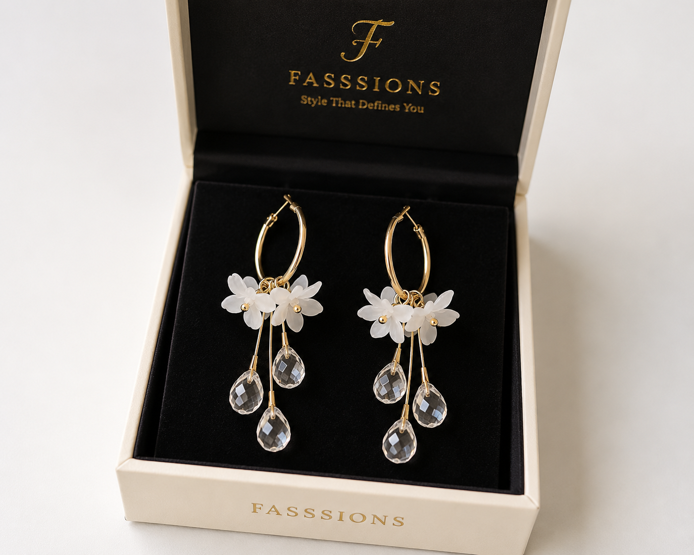 FASSSIONS Korean White Floral Crystal Drop Earrings for Women | Gold-Plated Hoop Dangle Earrings | Elegant Flower Earrings with Crystal Charms