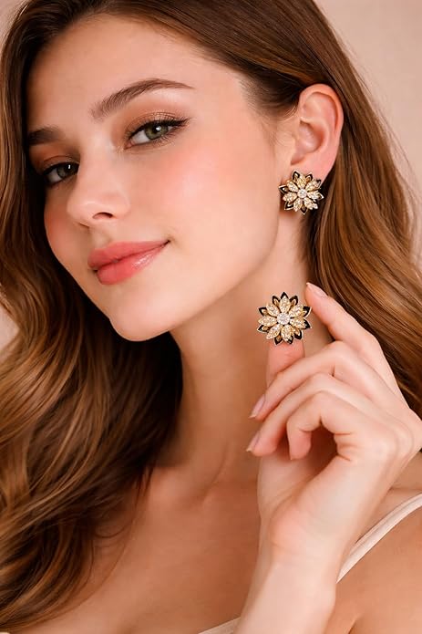 Korean Style Flower Stud Earrings for Women | Gold Plated Crystal Floral Earrings | Elegant Flower design Fashion Jewellery