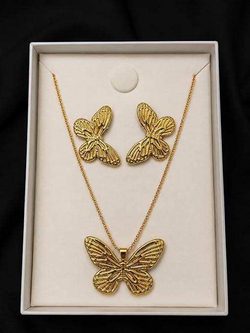 Butterfly Pendant Necklace with Matching Earrings for Women & Girls | Gold Plated Butterfly Jewelry Set