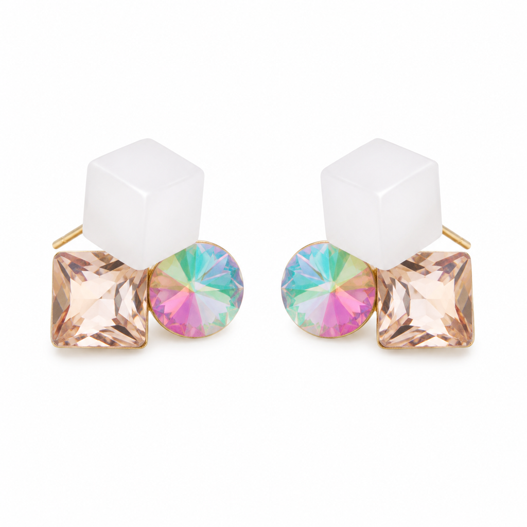 Geometric Tri-Color Crystal Stud Earrings for Women | Korean Style Square & Iridescent Stone Earrings | Elegant Gold-Tone Fashion Jewelry