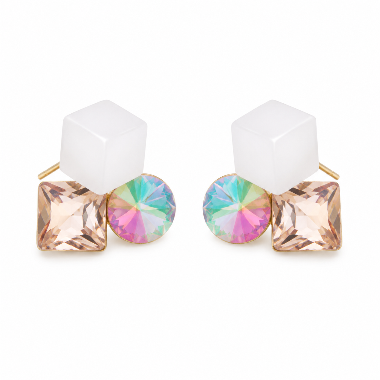 Geometric Tri-Color Crystal Stud Earrings for Women | Korean Style Square & Iridescent Stone Earrings | Elegant Gold-Tone Fashion Jewelry