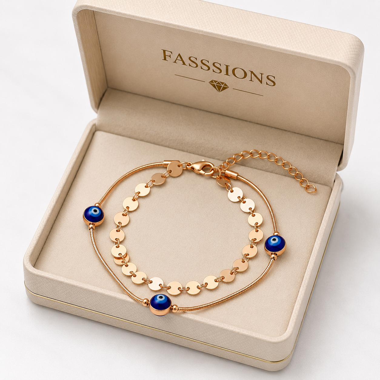 Fasssions Women's Rose Gold Evil Eye Anklet | Double Layer Adjustable Anklet with Blue Evil Eye Charms | Fashion Foot Jewelry for Women & Girls