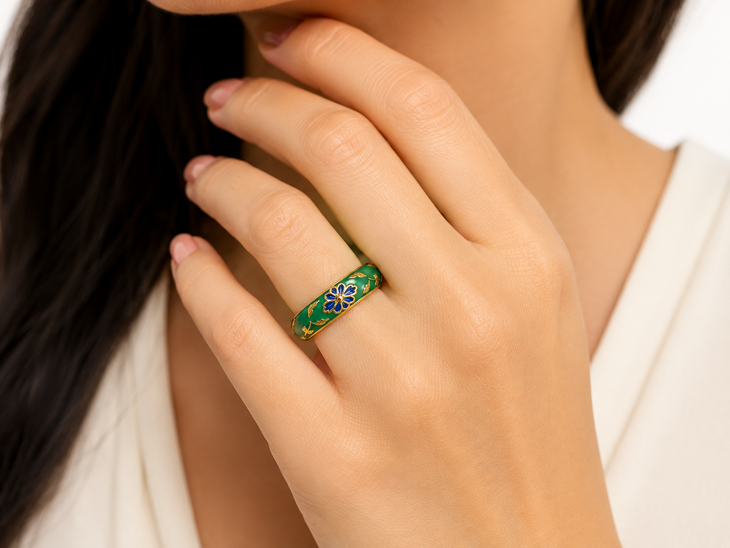 Green Enamel Ring for Women | Gold Tone Floral Flower Design Finger Ring | Pink Floral Designer Ring for Women & Girls | Traditional Ethnic Fashion Jewellery