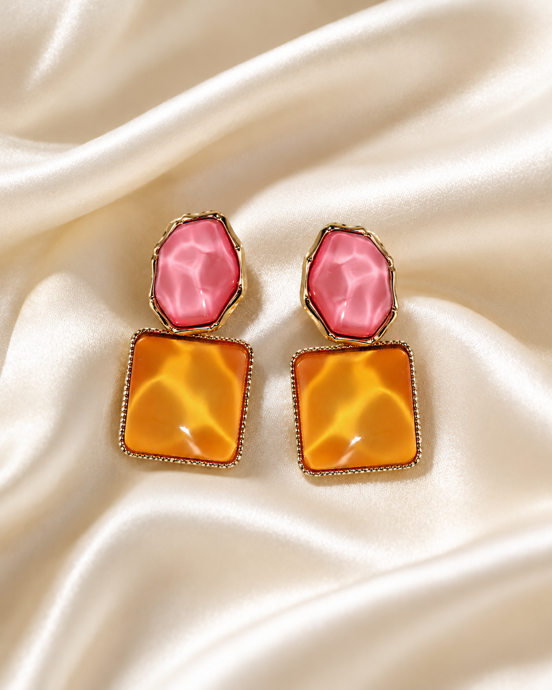 FASSSIONS Korean Orenge & Red Geometric Drop Earrings for Women | Gold Plated Statement Earrings | Lightweight Fashion Jewelry