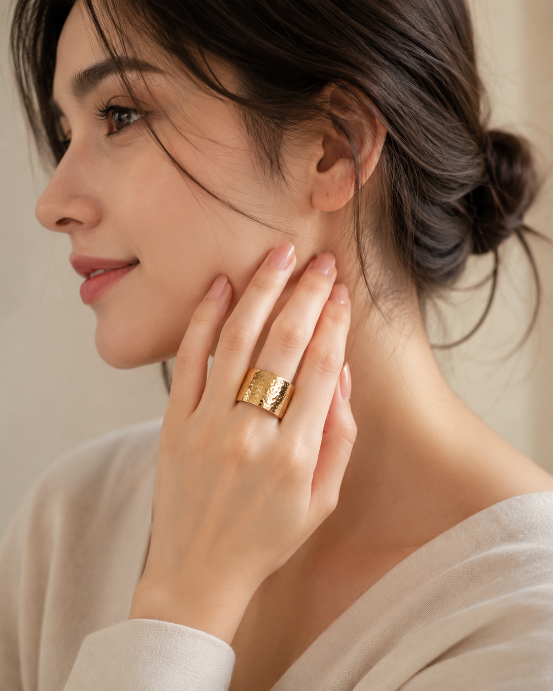 Korean Style Gold Plated Hammered Texture Ring for Women & Girls | Adjustable Statement Finger Ring | Jewelry | Designer Ring