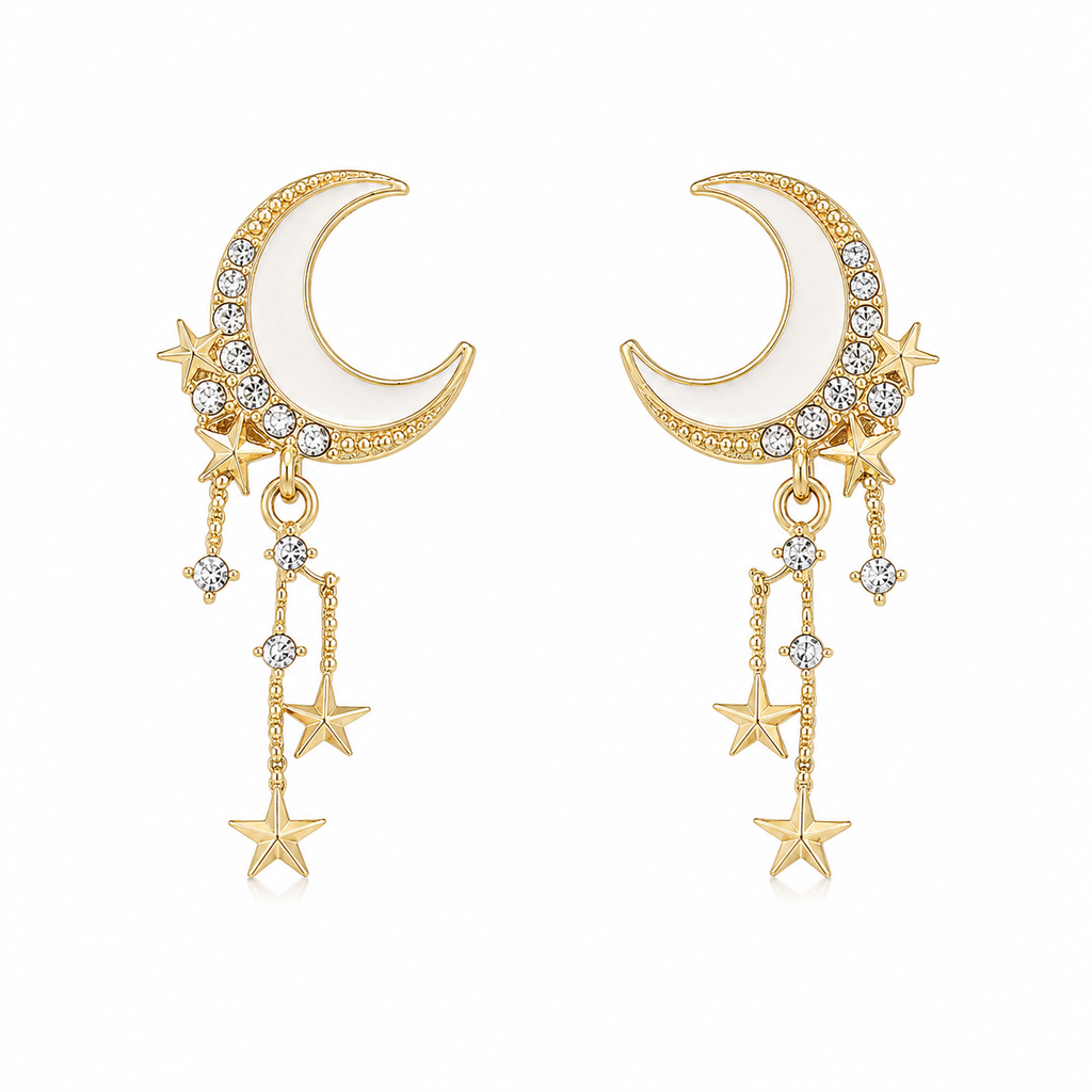 FASSSIONS Korean Crescent Moon & Star Drop Earrings for Women | White Enamel Gold-Plated Stud Earrings | Rhinestone Celestial Dangle Earrings