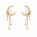 FASSSIONS Korean Crescent Moon & Star Drop Earrings for Women | White Enamel Gold-Plated Stud Earrings | Rhinestone Celestial Dangle Earrings