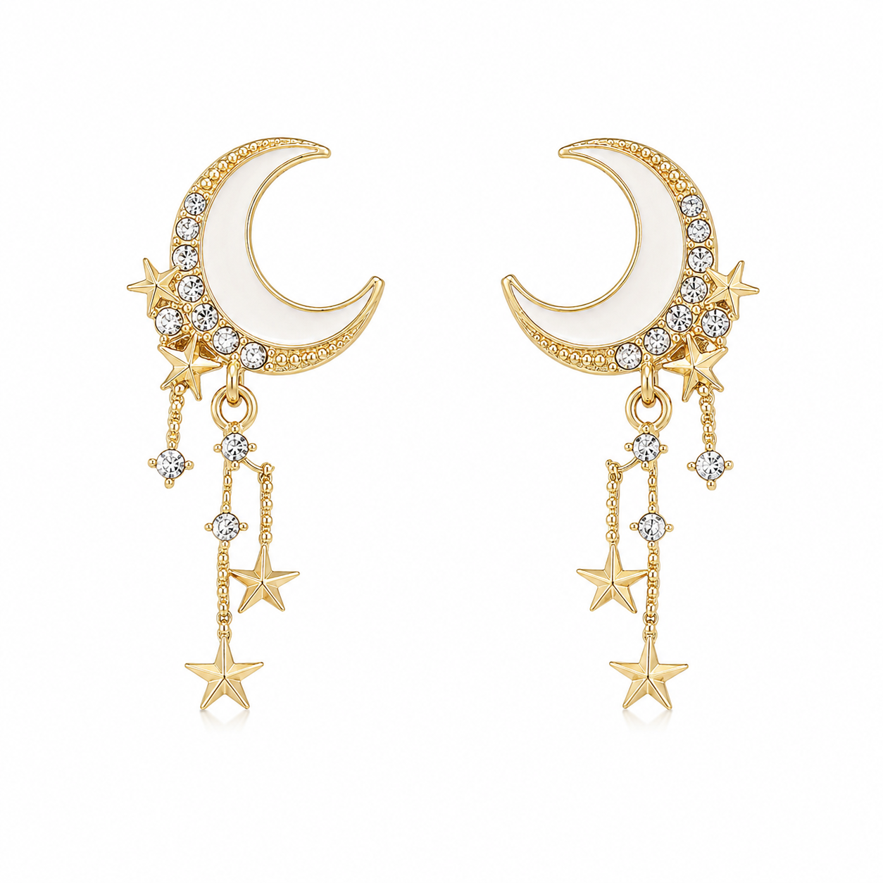 FASSSIONS Korean Crescent Moon & Star Drop Earrings for Women | White Enamel Gold-Plated Stud Earrings | Rhinestone Celestial Dangle Earrings