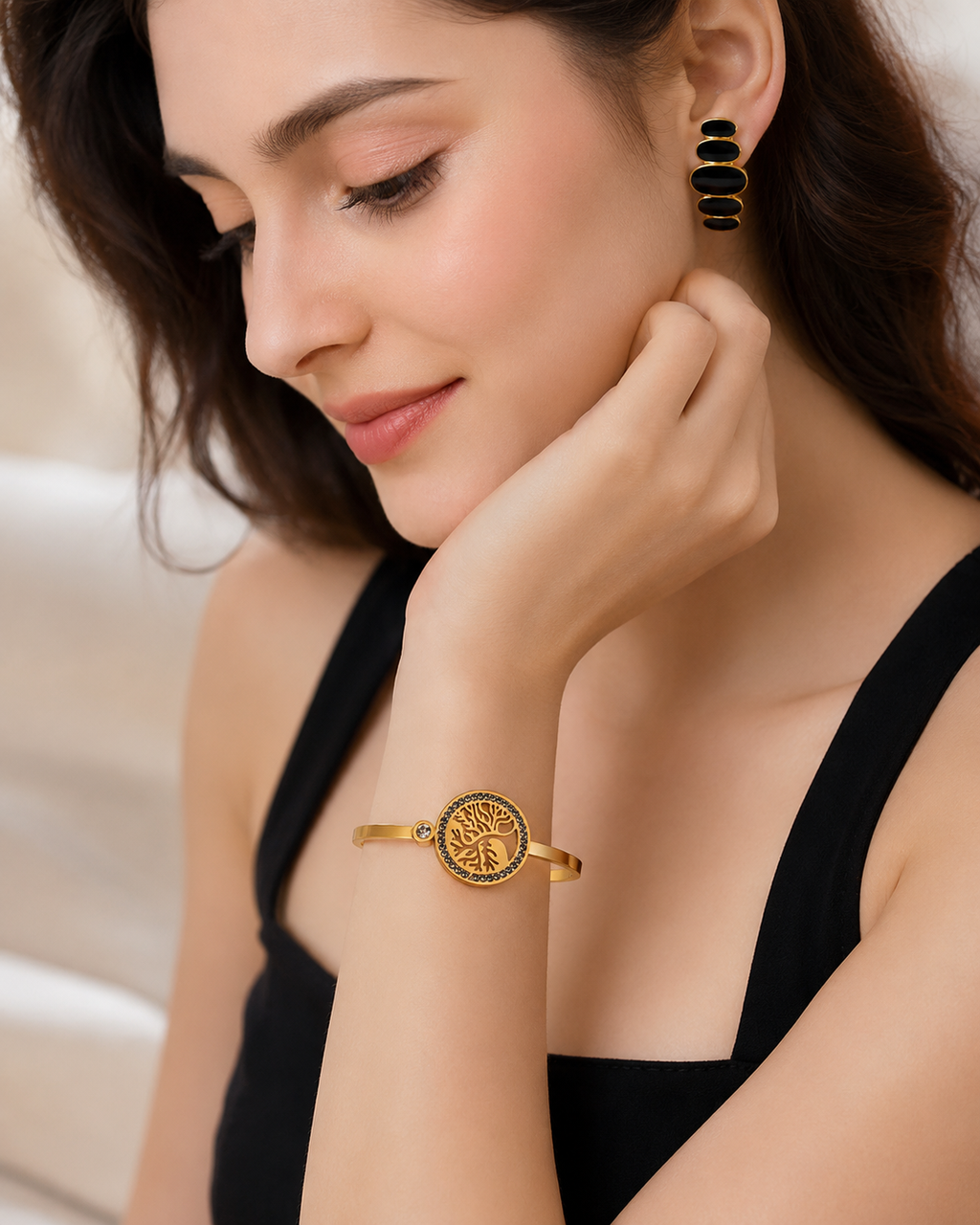 FASSION Tree of Life Gold-Plated Bracelet for Women | Crystal Studded Adjustable Cuff Bangle | Elegant Fashion Jewelry
