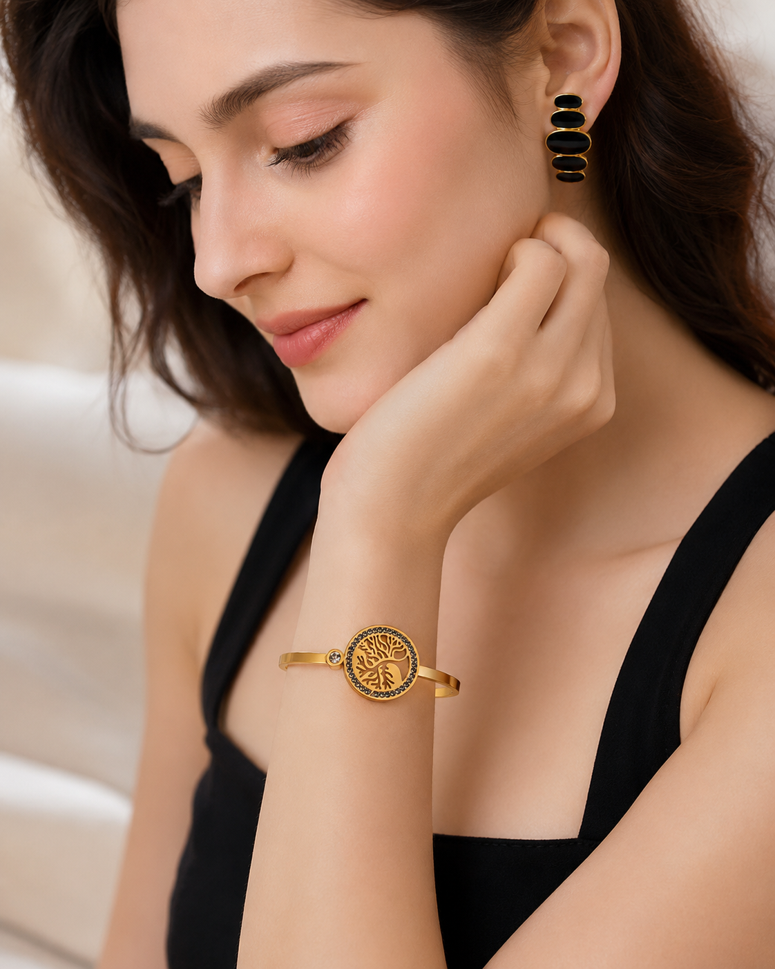 FASSION Tree of Life Gold-Plated Bracelet for Women | Crystal Studded Adjustable Cuff Bangle | Elegant Fashion Jewelry