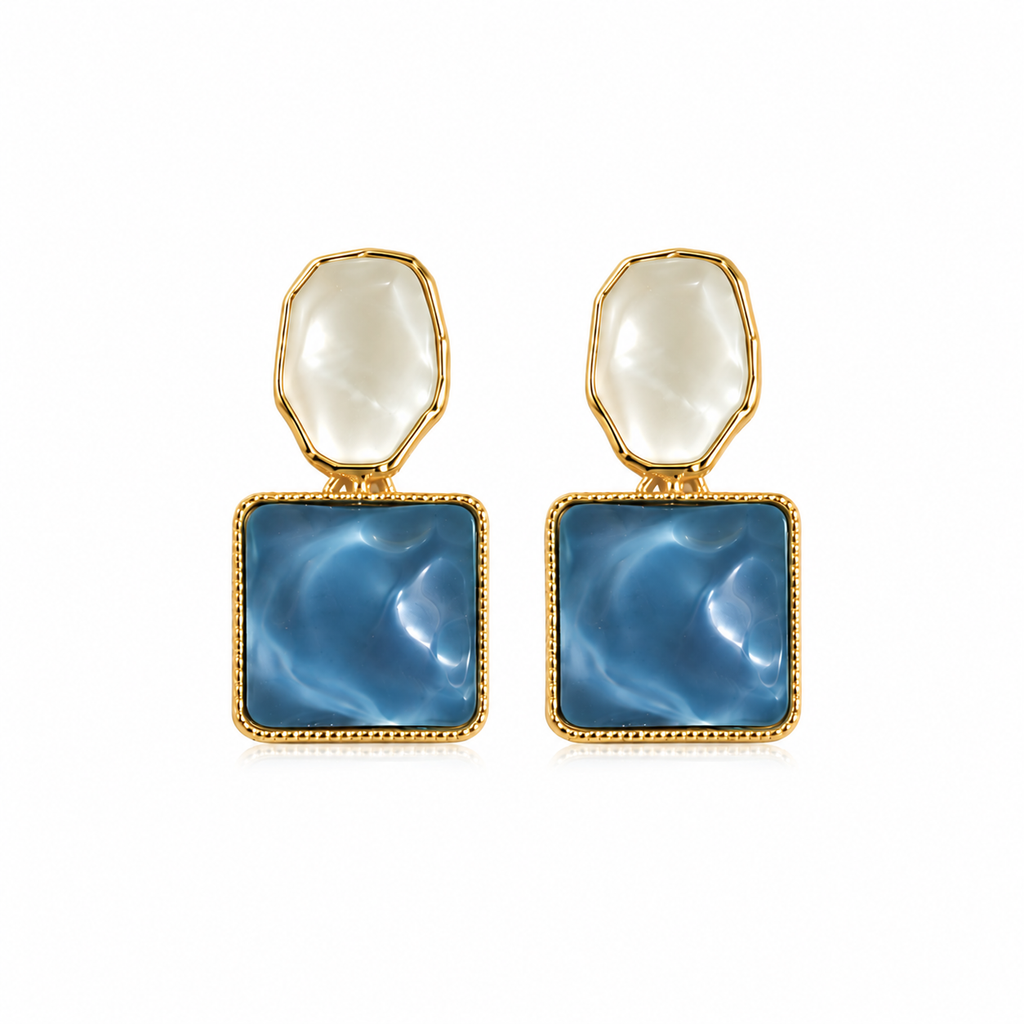FASSSIONS Korean Blue & White Geometric Drop Earrings for Women | Gold Plated Statement Earrings | Lightweight Fashion Jewelry