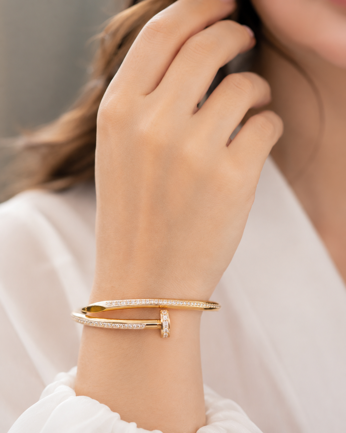 Elegant Gold-Plated Crystal Nail Cuff Bracelet for Women | Open Adjustable Bangle | Luxury Zircon Fashion Bracelet
