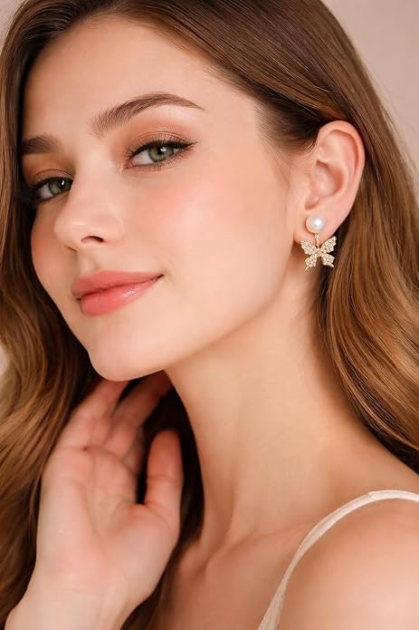 Stylish Butterfly Pearl Stud Earrings for Women | Gold Plated Crystal Butterfly Earrings with Pearl Tops | Korean Fashion Earrings