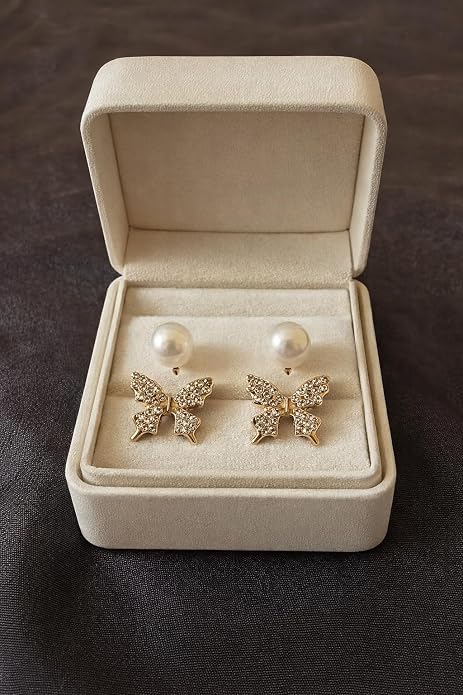 Stylish Butterfly Pearl Stud Earrings for Women | Gold Plated Crystal Butterfly Earrings with Pearl Tops | Korean Fashion Earrings