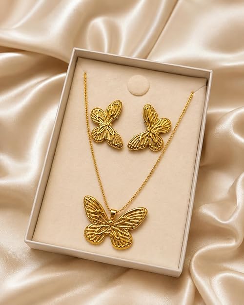 Butterfly Pendant Necklace with Matching Earrings for Women & Girls | Gold Plated Butterfly Jewelry Set