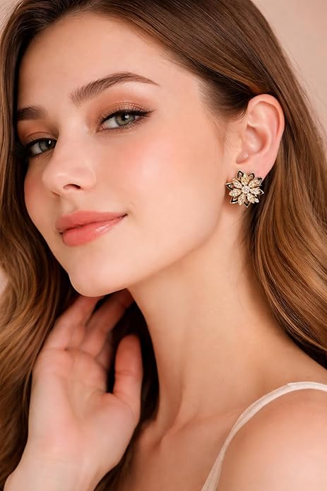 Korean Style Flower Stud Earrings for Women | Gold Plated Crystal Floral Earrings | Elegant Flower design Fashion Jewellery