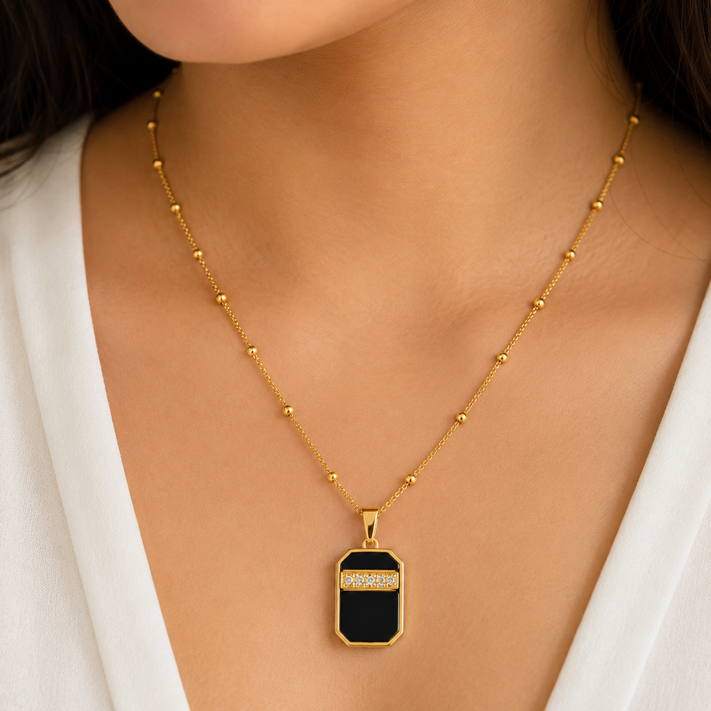 FASSSIONS Women’s Gold Tone Black Pendant Necklace | Geometric Rectangle Black Stone Chain with Crystal Detail