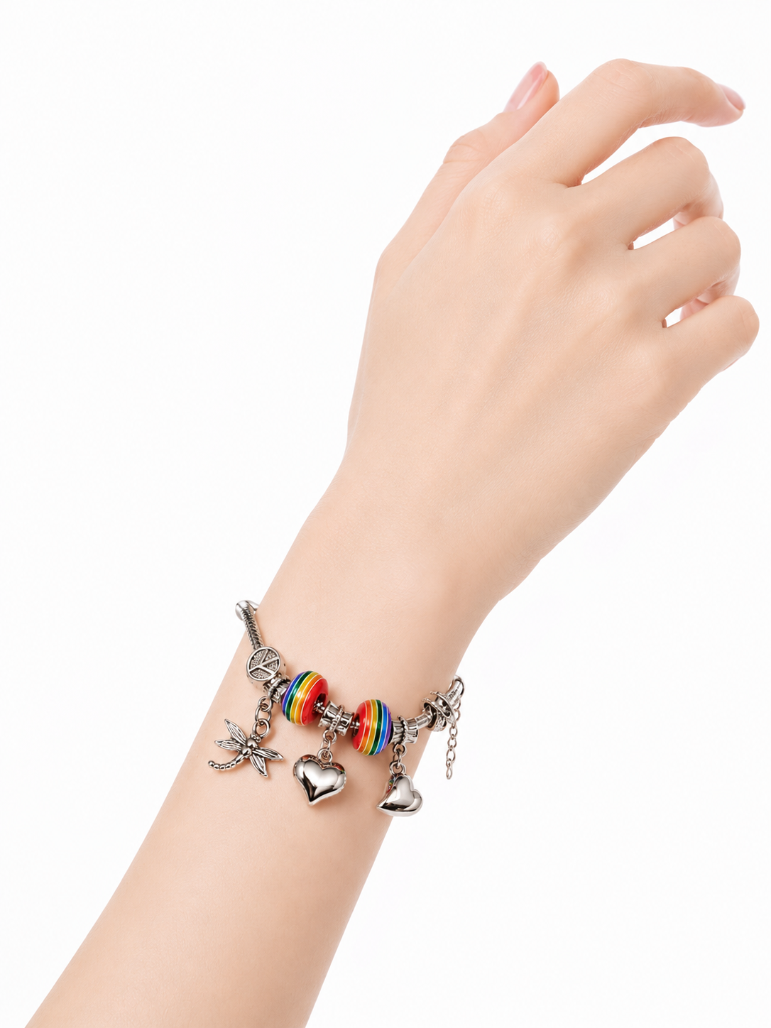 Rainbow Charm Bracelet for Women – Silver Plated Adjustable Bracelet with Heart Charms, Dragonfly Pendant & Colorful Beads | Fashion Jewelry Gift for Girls & Women