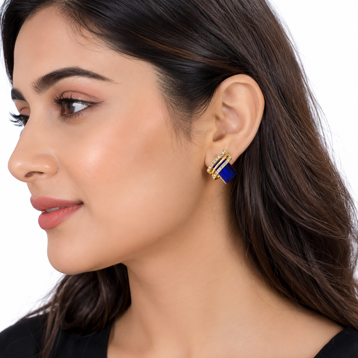 FASSSIONS Blue Crystal Stud Earrings for Women | Gold Plated Geometric Square Earrings | Korean Style Rhinestone Statement Earrings
