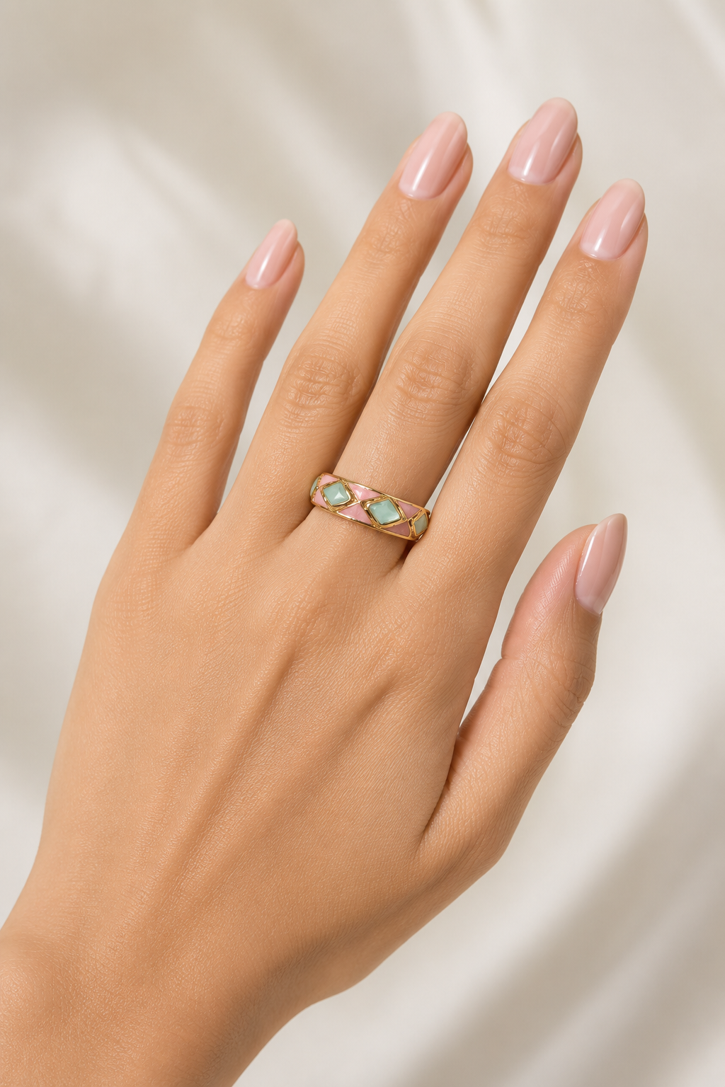 Enamel Ring for Women | Multicolor Green Pink Gold Tone Designer Ring | Stylish Fashion Finger Ring for Women & Girls | Elegant Party Wear Jewellery