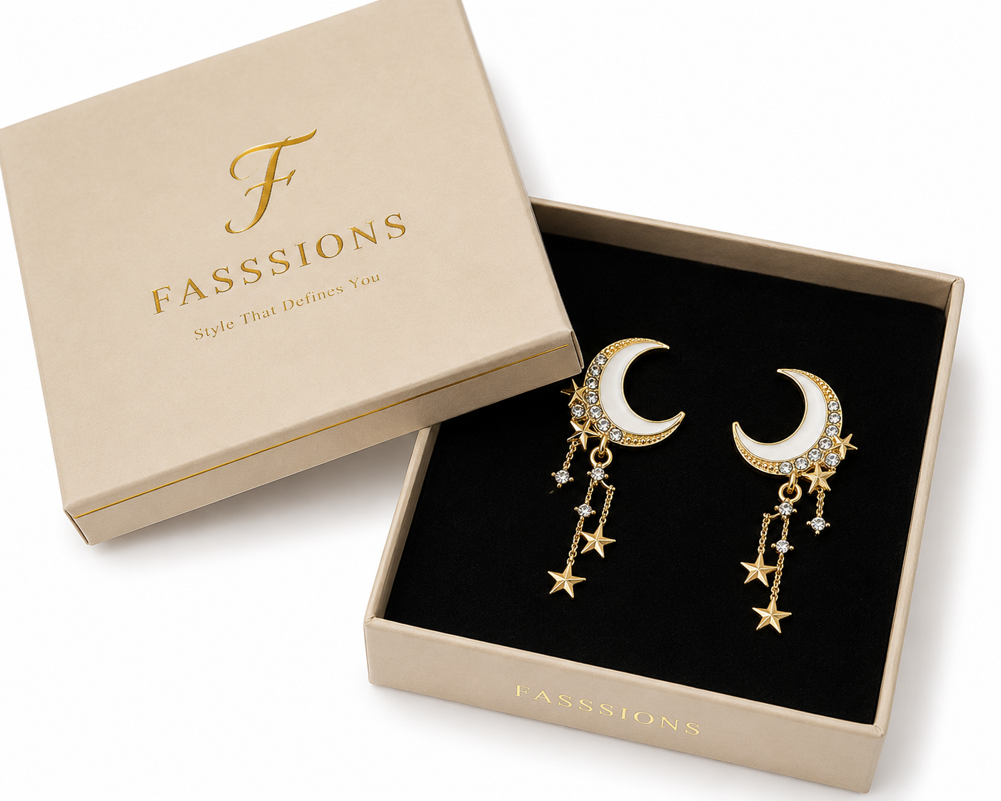 FASSSIONS Korean Crescent Moon & Star Drop Earrings for Women | White Enamel Gold-Plated Stud Earrings | Rhinestone Celestial Dangle Earrings
