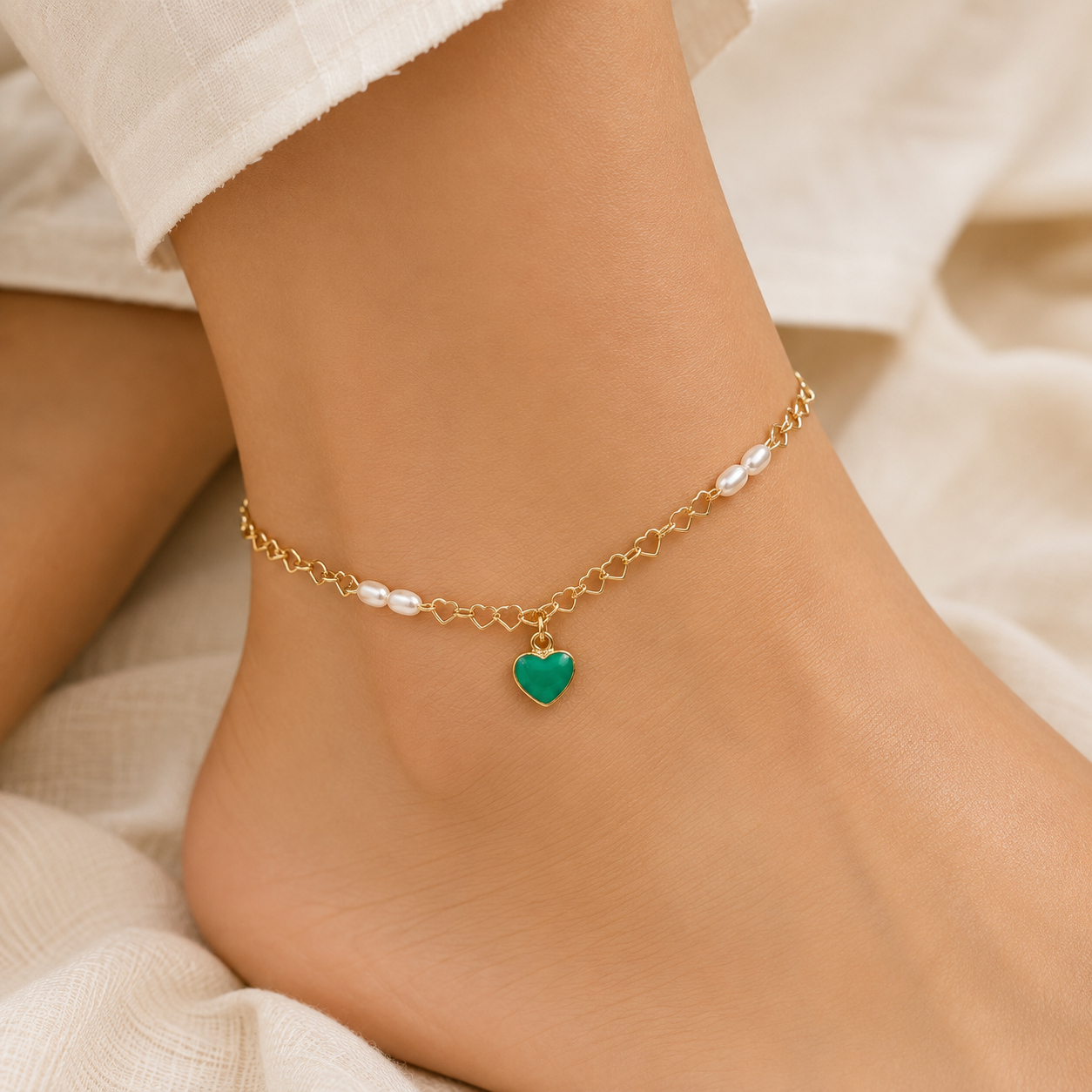 Fasssions Women's Gold Plated Heart Charm Anklet with Pearl Accents | Adjustable Delicate Chain Anklet | Elegant Fashion Foot Jewelry for Women & Girls