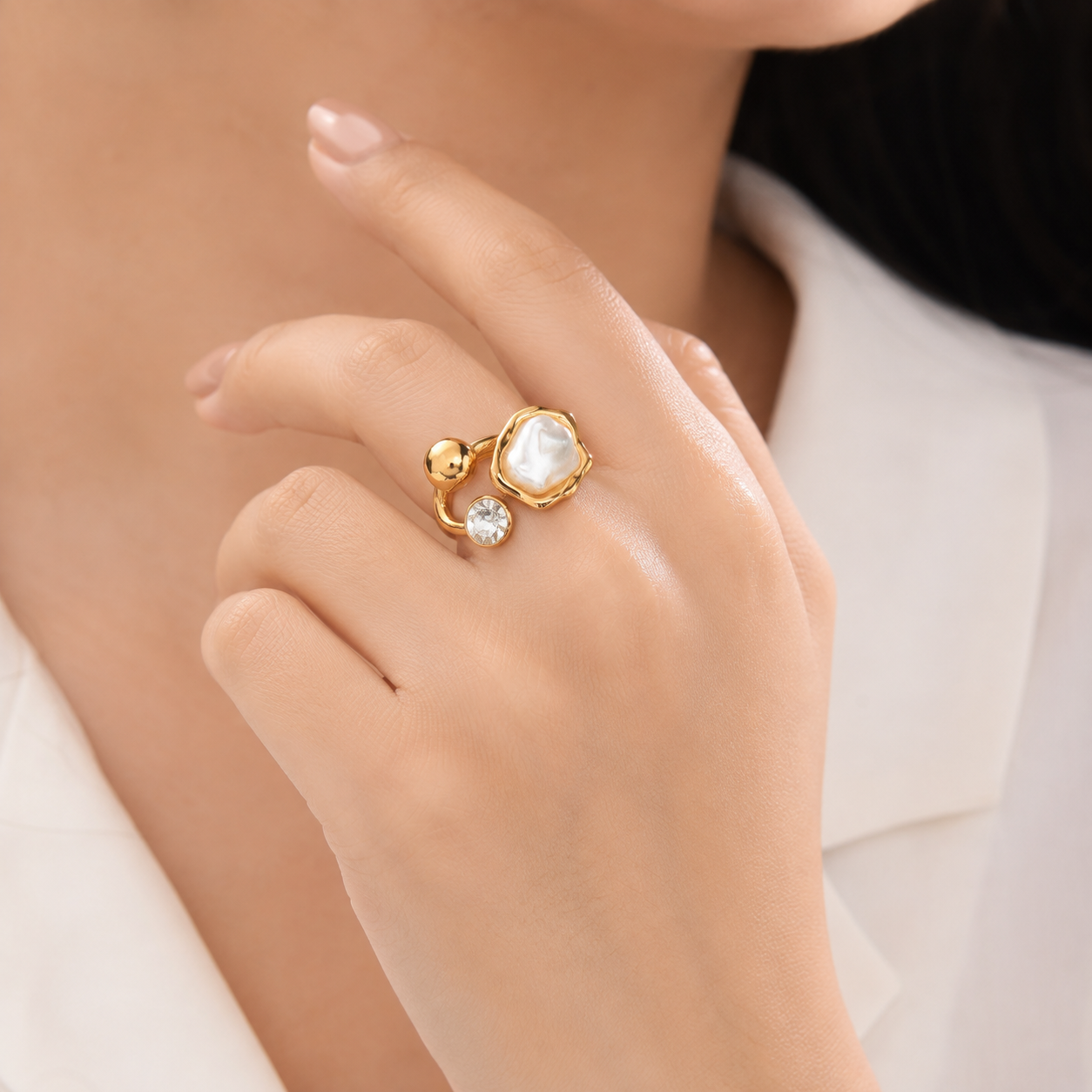 Adjustable Pearl Ring for Women | Elegant Gold-Tone Statement Ring | Open-Size Fashion Ring for Women & Girls