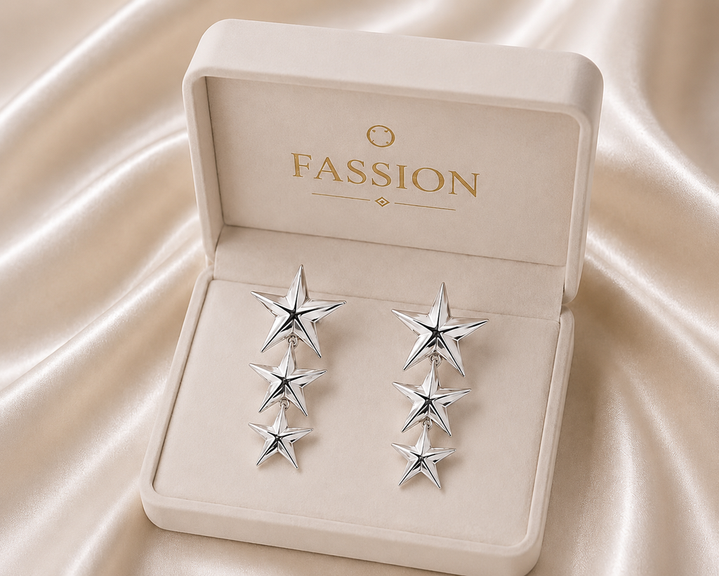 Korean Triple Star Drop Earrings for Women | Silver colored-Plated Star Dangle Earrings | Trendy Korean Fashion Statement Earrings Fashion Jewelry for Girls & Women