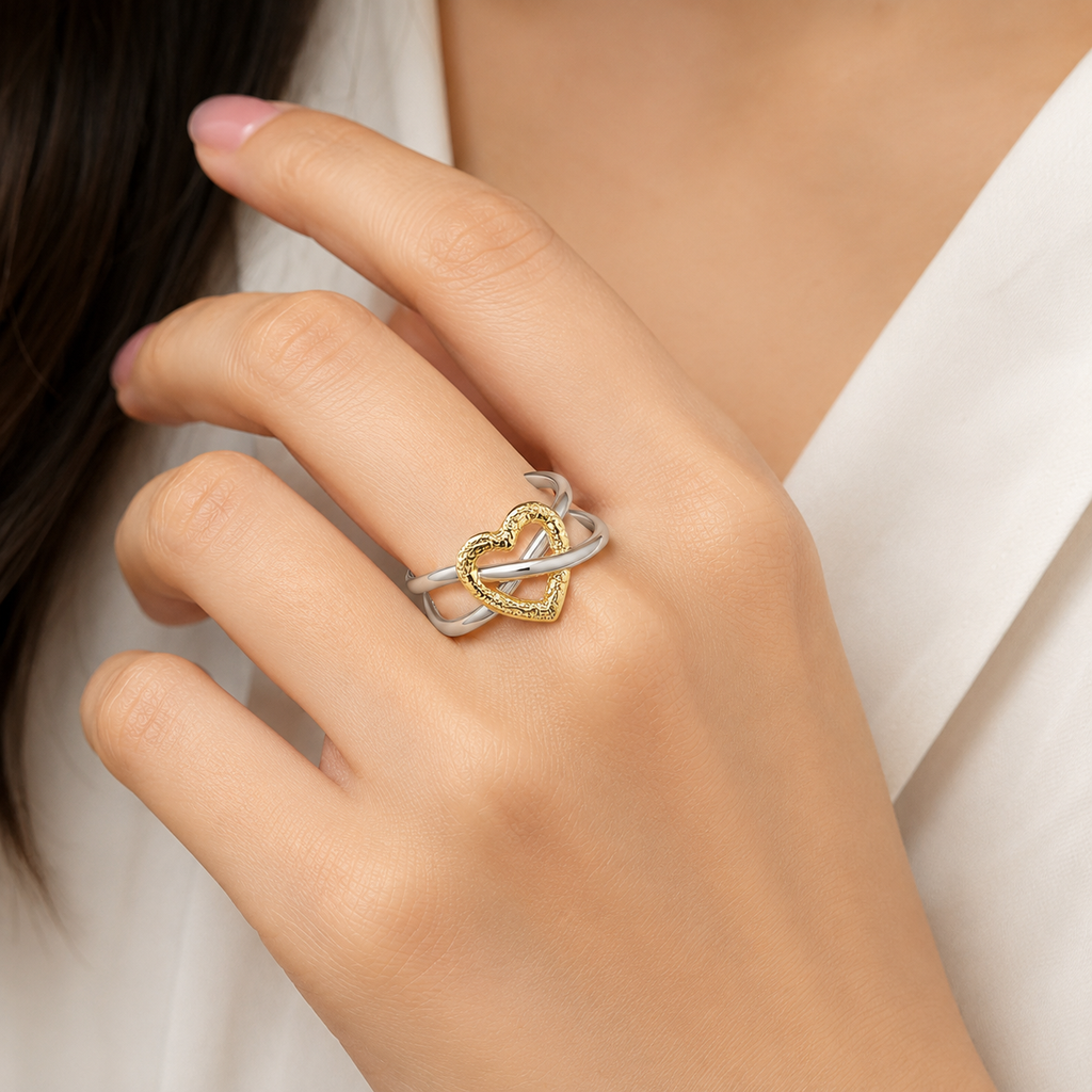 Fasssions Women's Two-Tone Heart Open Ring | Gold & Silver Adjustable Double Band Ring | Elegant Fashion Ring for Women & Girls