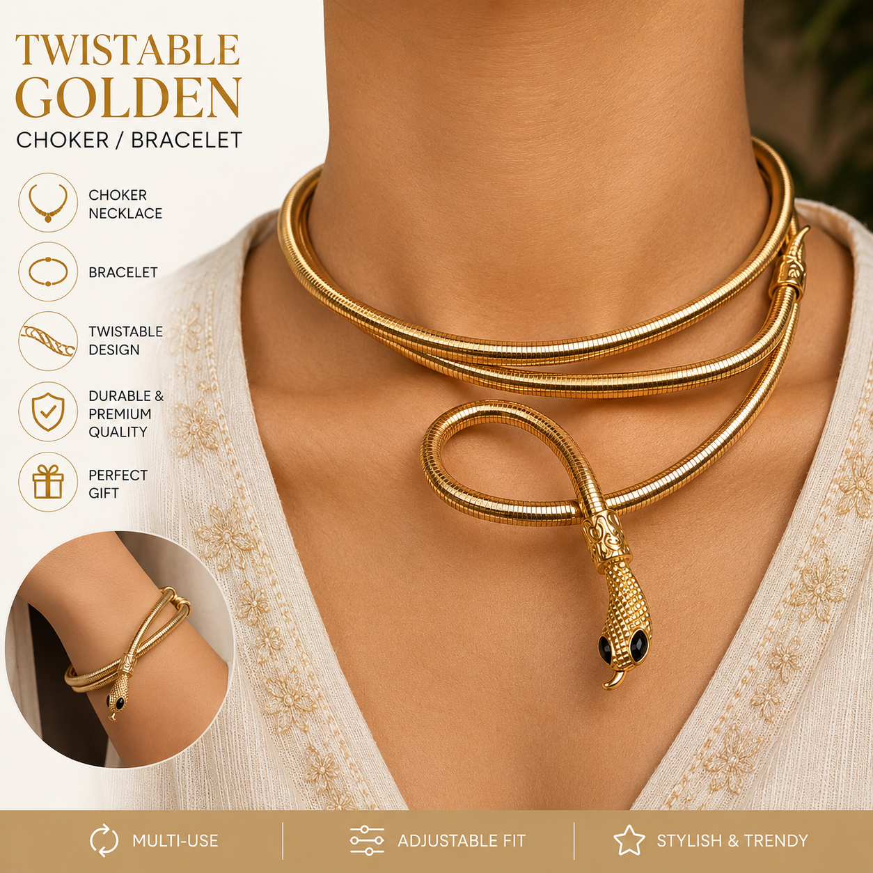 Fasssions 2-in-1 Twistable Golden Snake Choker Necklace & Wrap Bracelet – Adjustable Premium Statement Jewelry