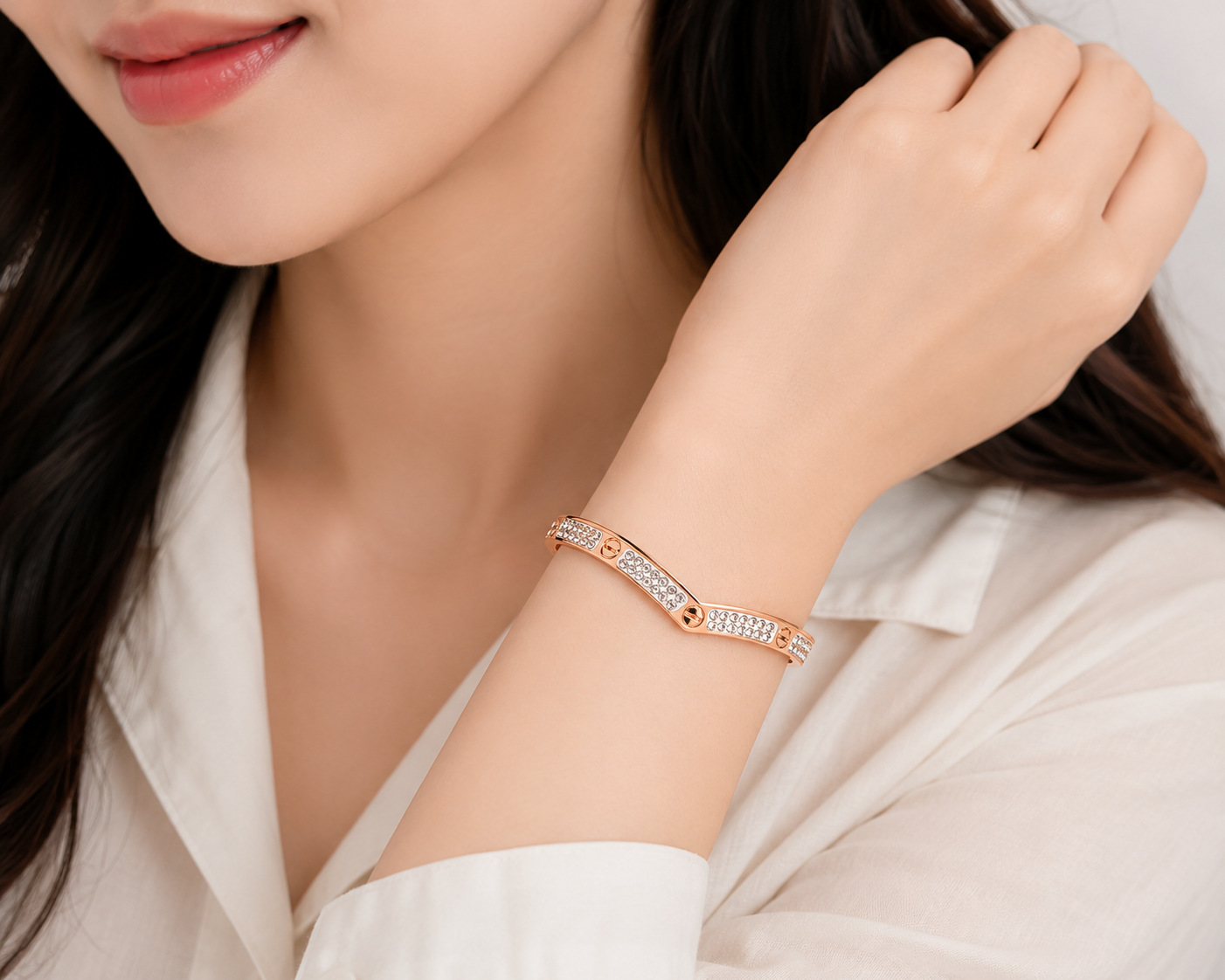Rose Gold Bangle Bracelet for Women & Girls | Crystal Studded Designer Kada | Elegant Rhinestone Cuff Bracelet | Stylish Fashion Jewellery for Party, Wedding & Daily Wear