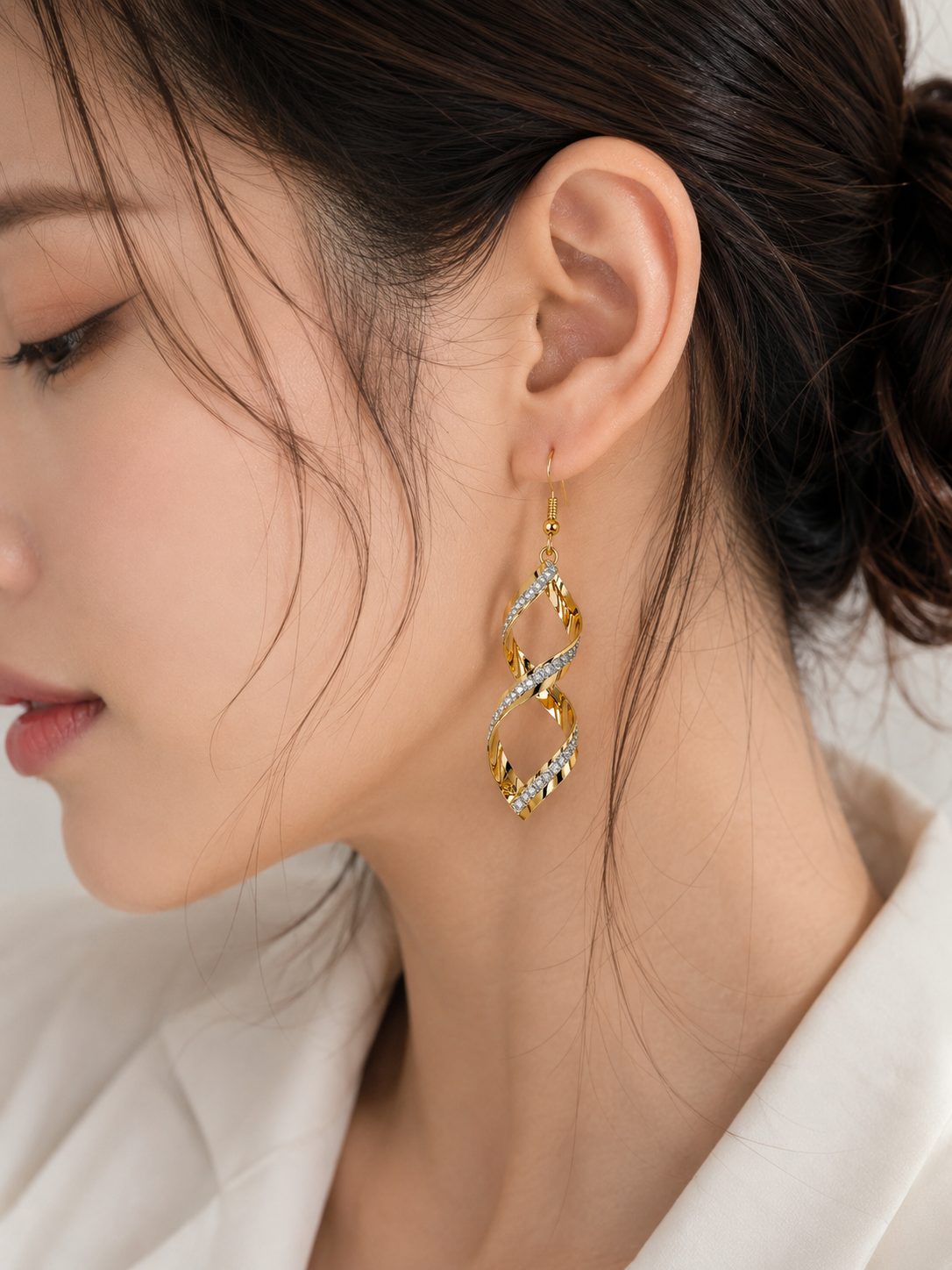 Korean Style Twisted Drop Earrings for Women – Gold Tone Spiral Dangle Earrings with Crystal Accent | Stylish Stud Jewelry for Girls & Women