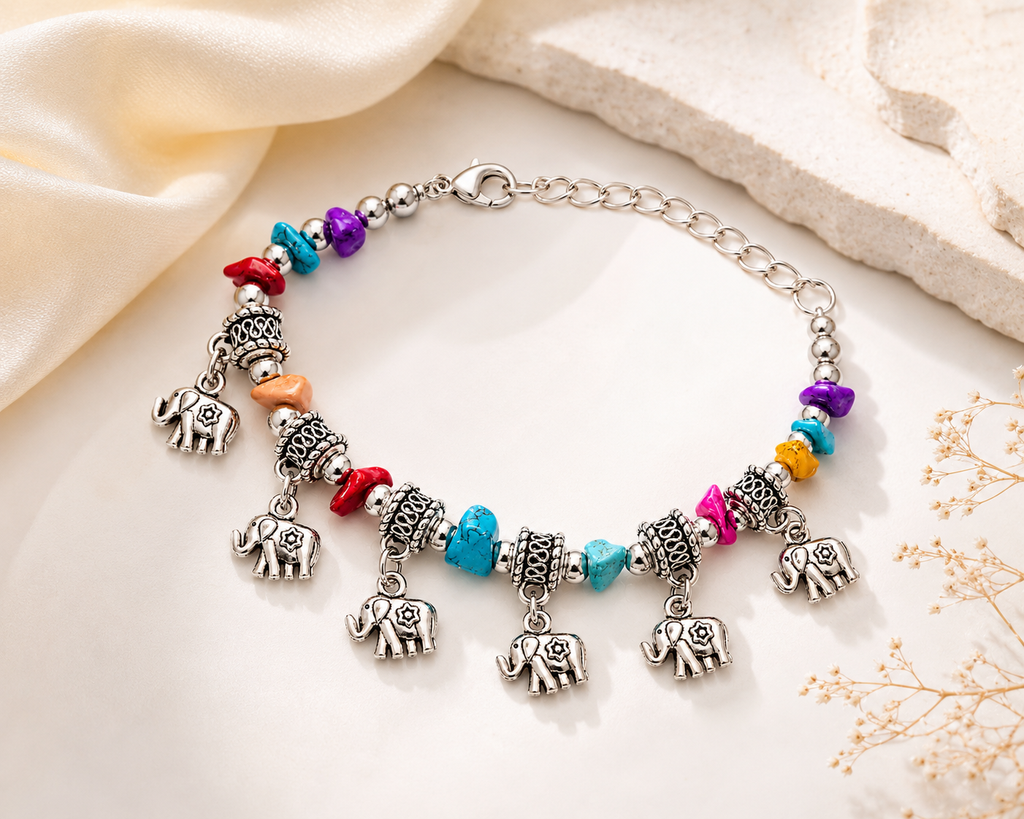 Boho Elephant Charm Bracelet for Women | Multicolor Stone Beads & Silver-Plated Adjustable Chain Bracelet | Fashion Jewelry Gift for Girls & Women