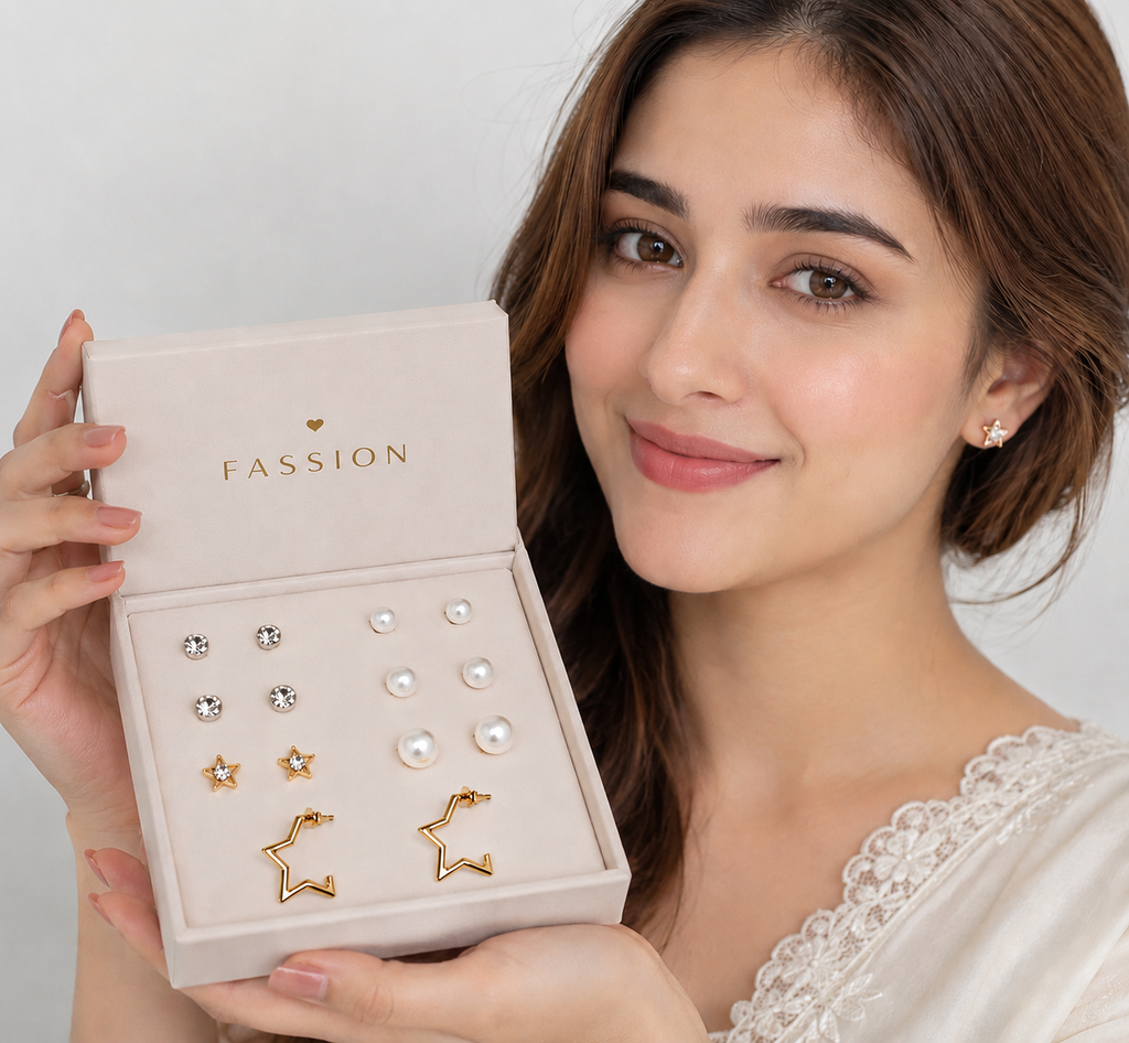 6 Pairs Earring Combo Set for Women & Girls | Crystal Studs, Pearl Earrings, Star Studs & Gold Star Hoop Earrings | Fashion Jewelry for Girls & Women