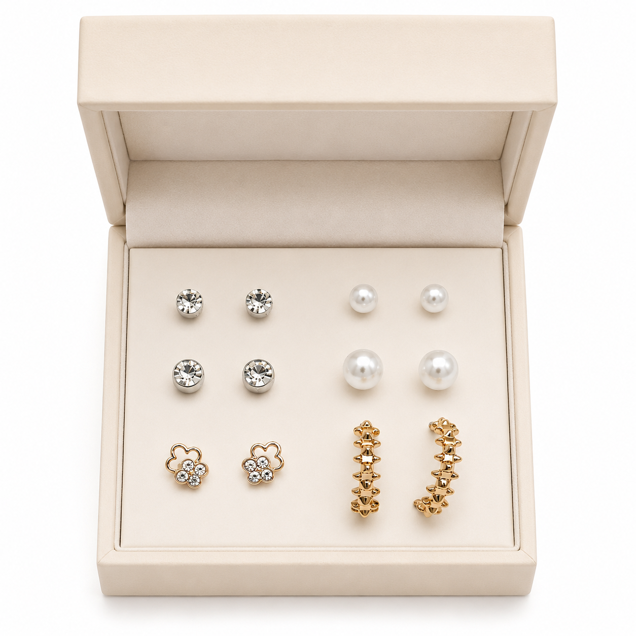 Earring Combo Set for Women & Girls | Crystal Studs, Pearl Earrings, Floral Crystal Studs & Gold Huggie Hoop Earring