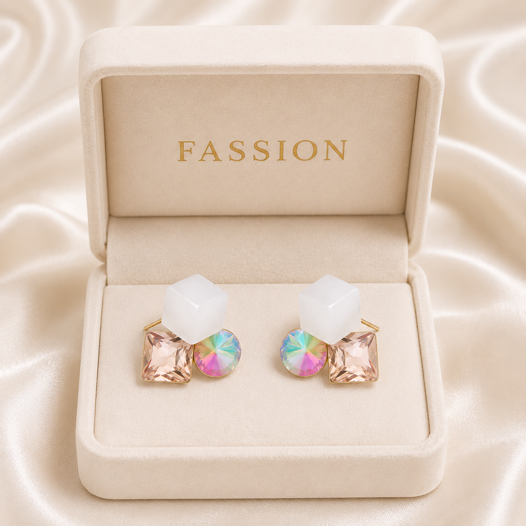 Geometric Tri-Color Crystal Stud Earrings for Women | Korean Style Square & Iridescent Stone Earrings | Elegant Gold-Tone Fashion Jewelry