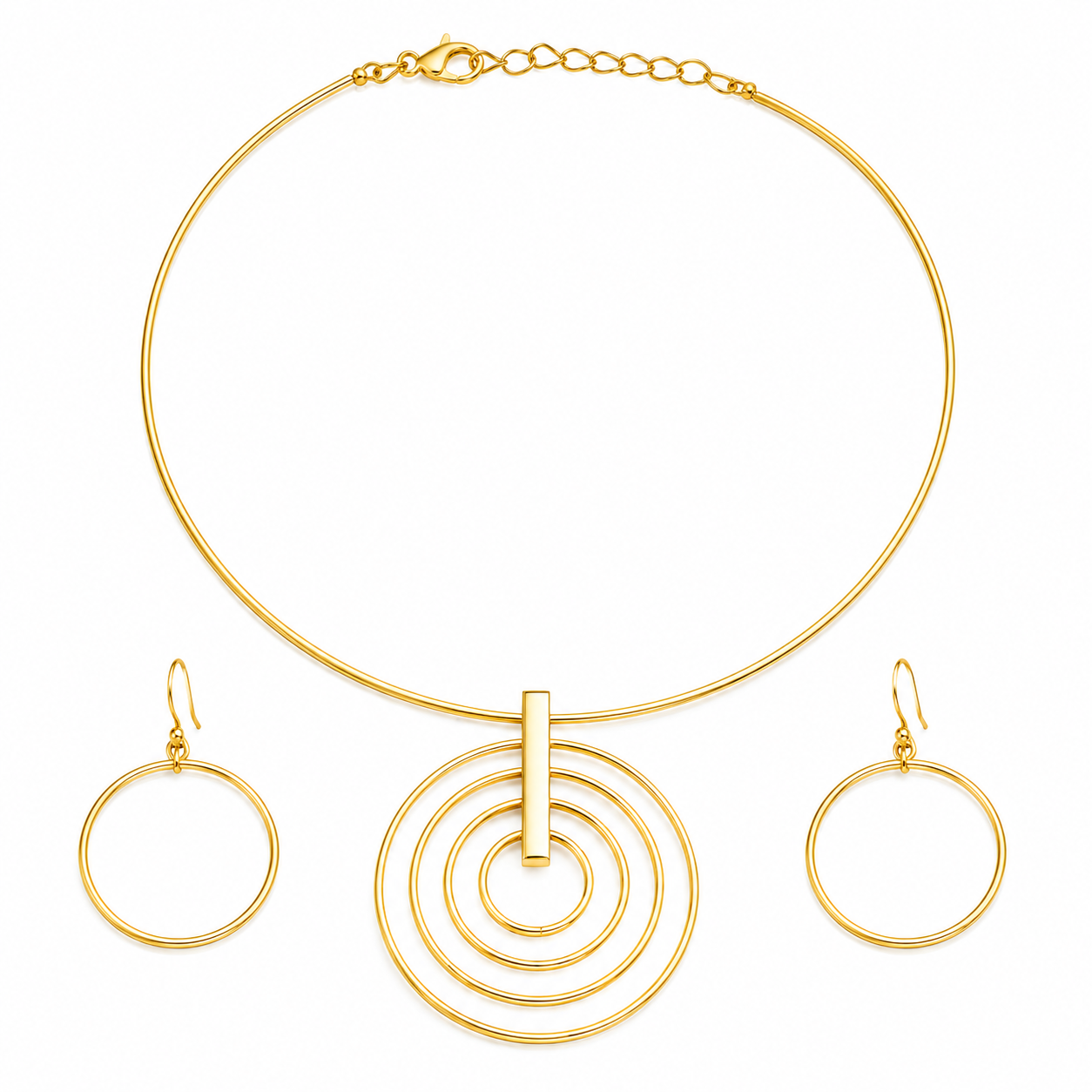 FASSSIONS Gold-Plated Geometric Necklace & Hoop Earrings Set for Women | Minimalist Circular Pendant Choker Set | Contemporary Statement Jewelry Set