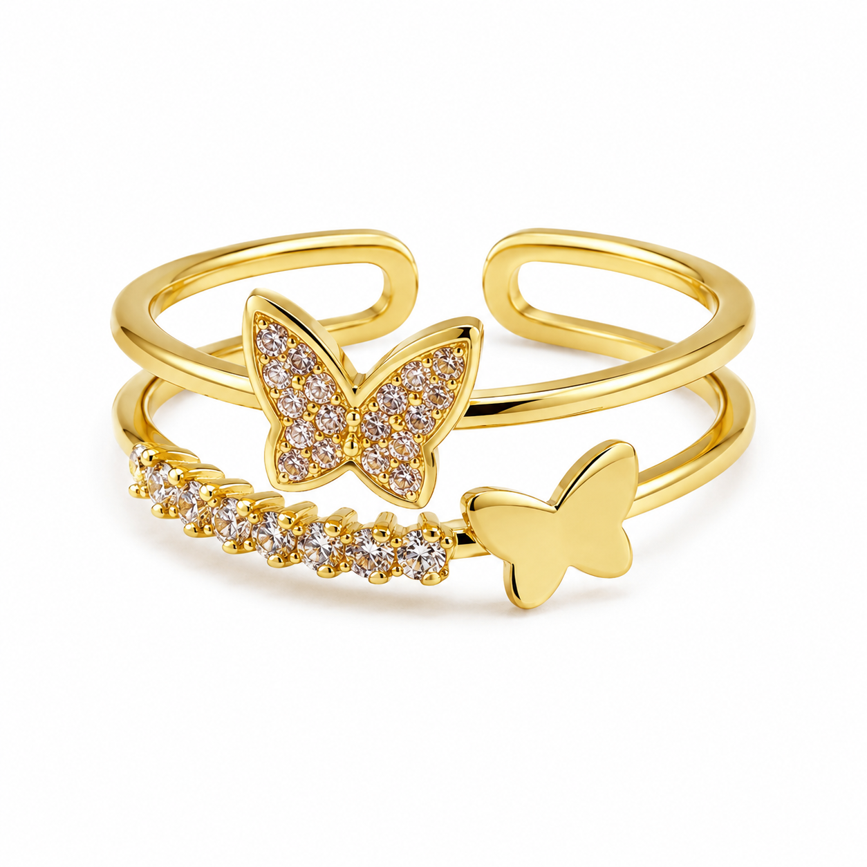 Women's Adjustable Gold Plated Butterfly Cubic Zirconia Ring | Open Band Crystal Finger Ring | Elegant Fashion Jewelry for Girls & Women