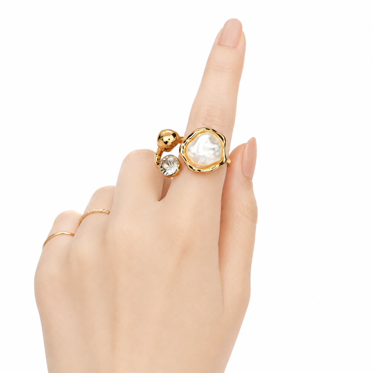 Adjustable Pearl Ring for Women | Elegant Gold-Tone Statement Ring | Open-Size Fashion Ring for Women & Girls