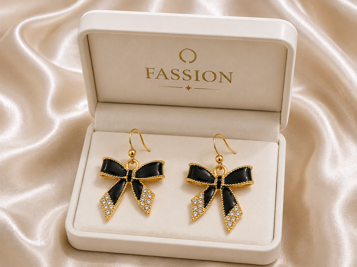 Black Bow Crystal Drop Earrings for Women | Gold-Plated Ribbon Bow Knot Dangle Earrings with Rhinestones | Fashion Jewelry